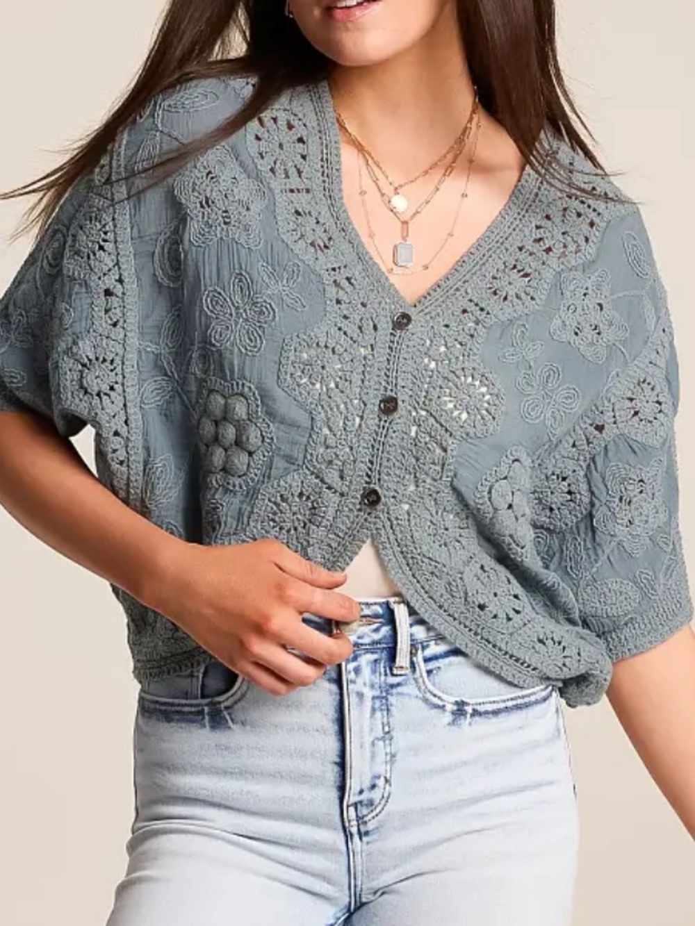 POL Crochet V-Neck Button Front Top - M/L